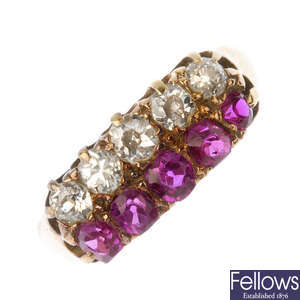 An early 20th century 18ct gold diamond, ruby and synthetic ruby two-row ring.