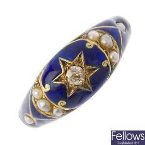 A mid Victorian gold, enamel diamond and split pearl memorial ring.