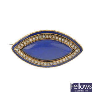 An early 19th century gold, split pearl and enamel brooch.