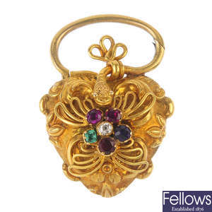 A mid 19th century gold gem-set 'regard' heart locket and snake clasp.