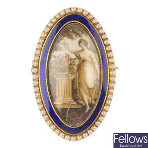 A late Georgian gold enamel and split pearl mourning brooch.