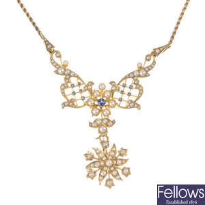 An Edwardian gold sapphire and split pearl necklace.