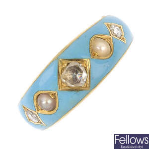 A late 19th century gold diamond, enamel and split pearl ring.
