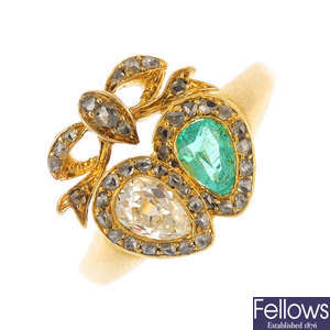 A late 19th century gold diamond and emerald ring.