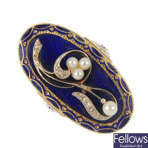 A diamond, cultured pearl and enamel ring.