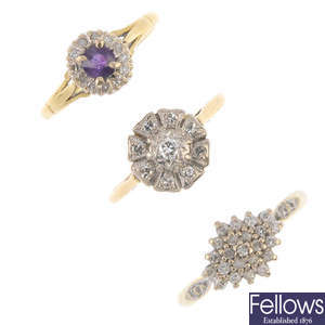 A selection of three gem-set and diamond rings. 