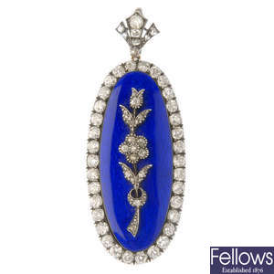 A late 19th century silver and gold diamond and enamel pendant.