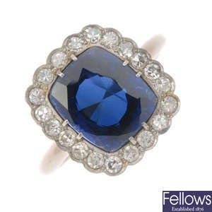 A Sri Lankan sapphire and diamond cluster ring.