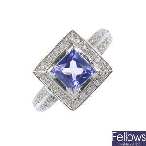 A 14ct gold tanzanite and diamond cluster ring.