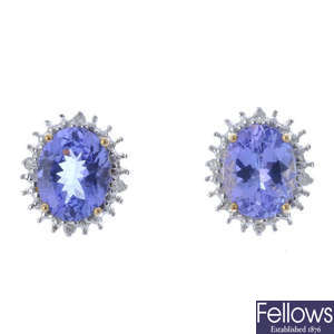 A pair of 9ct gold tanzanite and diamond cluster ear studs.
