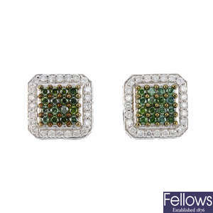 A pair of 9ct gold colour treated 'green' diamond and diamond stud earrings.