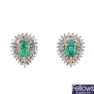 A pair of 14ct gold emerald and diamond cluster earrings.