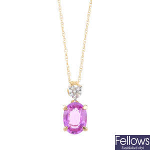 A 14ct gold sapphire and diamond pendant, with chain.