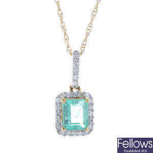 A 14ct gold emerald and diamond pendant, with chain.