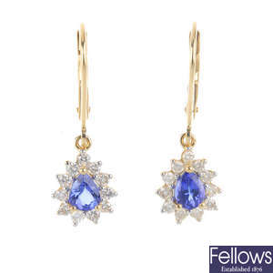 A pair of 18ct gold tanzanite and diamond earrings.