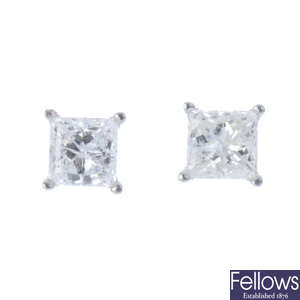 A pair of square-shape diamond ear studs.