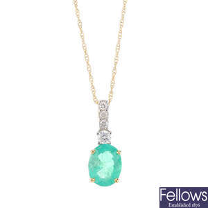 A 14ct gold Colombian emerald and diamond pendant, with chain.