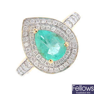 A 14ct gold Colombian emerald and diamond ring.