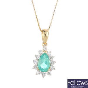 An 18ct gold Columbian emerald and diamond cluster pendant, with chain.