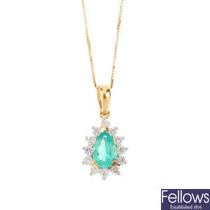 An 18ct gold Colombian emerald and diamond pendant, with chain.