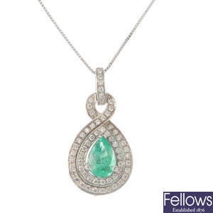 An 18ct gold Colombian emerald and diamond cluster pendant, with chain.