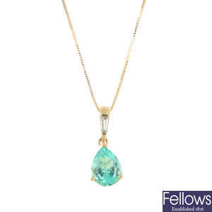 An 18ct gold Colombian emerald and diamond pendant, with chain.