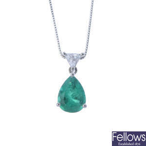 A platinum Colombian emerald and diamond pendant, with chain.