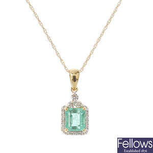 An 18ct gold emerald and diamond cluster pendant, with chain.
