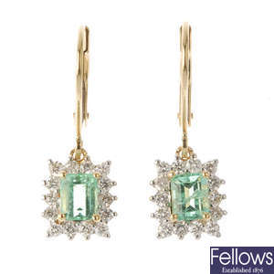 A pair of 18ct gold Colombian emerald and diamond ear pendants.