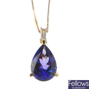 An 18ct gold tanzanite and diamond pendant, with chain.
