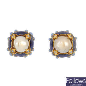 A pair of cultured pearl and enamel ear studs.