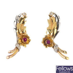 A pair of mid 20th century ruby and diamond flower ear clips.