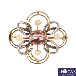 A mid 20th century tourmaline and cultured pearl brooch.