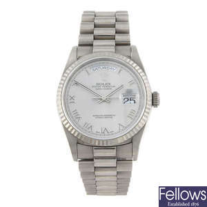 ROLEX - a gentleman's 18ct white gold Oyster Perpetual Day-Date bracelet watch.