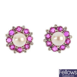 A pair of cultured pearl and ruby ear studs.