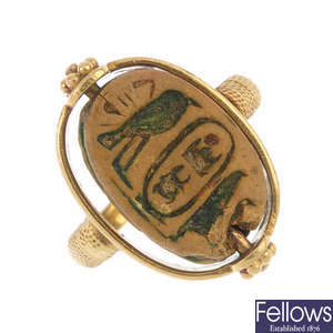 A late 19th century gold Egyptian Revival scarab ring.