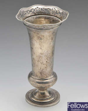 A George V silver vase, plus three Victorian and later silver forks.