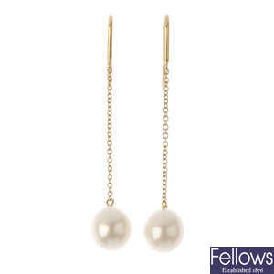TIFFANY & CO. - a pair of 18ct gold cultured pearl ear pendants, by Elsa Peretti.