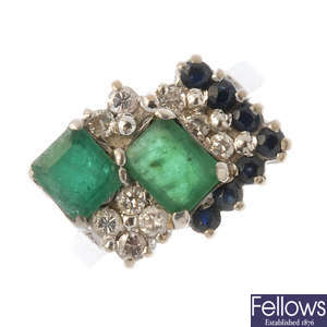 An emerald, sapphire and diamond dress ring.