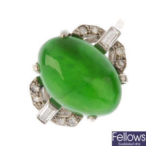 A 1920s Art Deco jadeite and diamond dress ring.