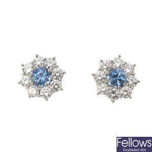 A pair of 18ct gold aquamarine and diamond cluster ear studs.