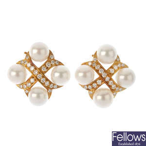 CASSANDRA GOAD - a pair of 18ct gold cultured pearl and diamond earrings.