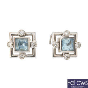 CASSANDRA GOAD - a pair of 18ct gold aquamarine and diamond interchangeable earrings.
