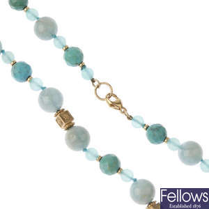 A turquoise, chalcedony and aquamarine necklace.