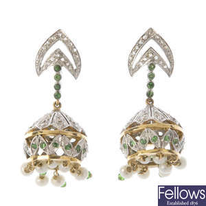 A pair of garnet, diamond and seed pearl ear pendants.