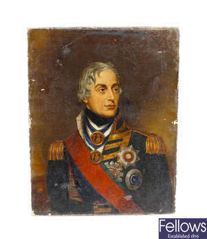 Two mid 19th century oil paintings on canvas, the first of Admiral Horatio Lord Nelson, the second depicting the Duke of Wellington.