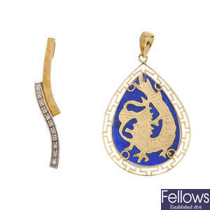 Two gold gem-set pendants.