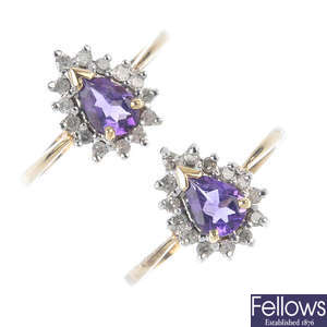 A selection of three 9ct gold amethyst and diamond rings.