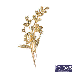 An early 20th century 15ct gold split pearl floral spray brooch.