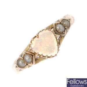 An Edwardian 9ct gold opal and split pearl ring.
